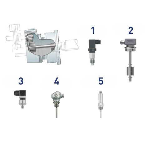 Temperature, pressure and oil level sensors in the gearbox