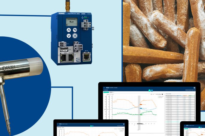 JUMO wireless system for temperature measurement in defrost chambers: wTRANS sensor, variTRON 300 controller and data visualization in smartWARE Evaluation.