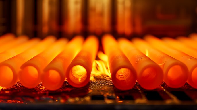 Heated metal components in an industrial furnace controlled by a three-phase thyristor controller JUMO TYA HL303 (709083), ensuring stable power supply in high-temperature processes.
