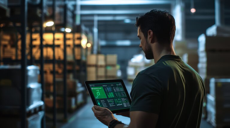 Junger Mann mit Tablet in einem Warenlager