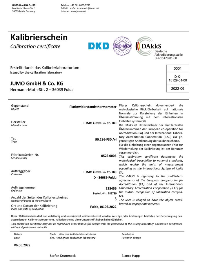 Esempio di certificato di calibrazione DAkkS, pagina 1