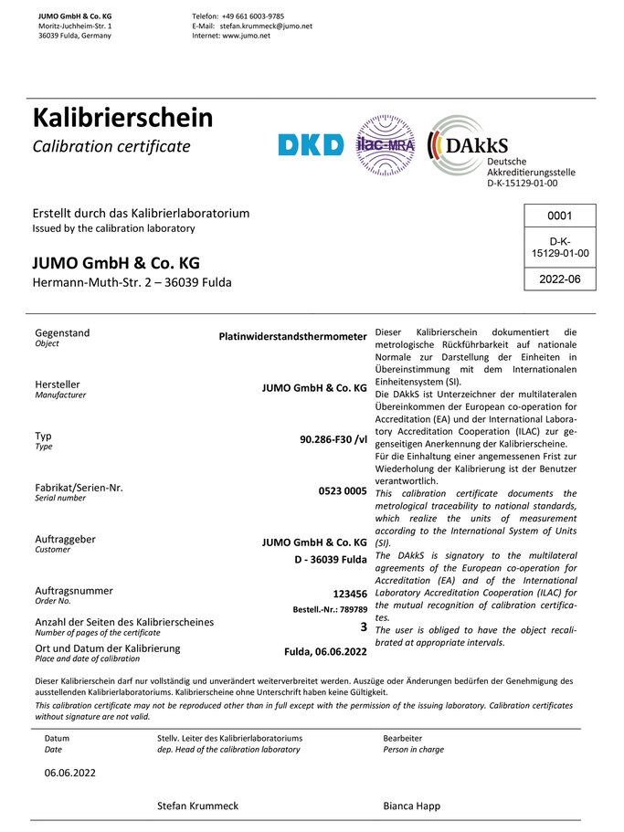 Sample calibration certificate DAkkS, page 1