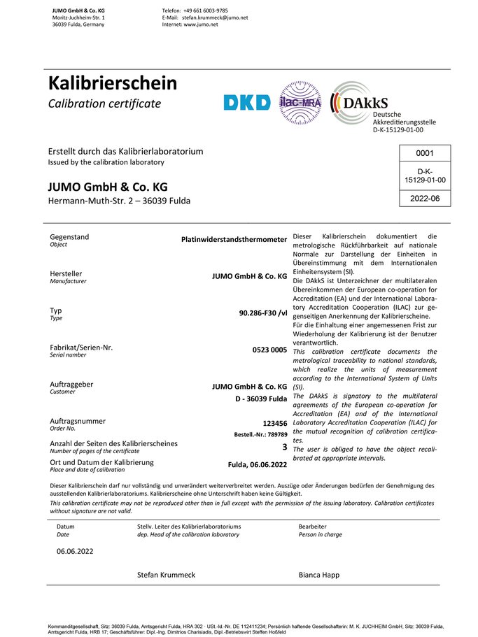 Modelo de certificado de calibración DAkkS, página 1