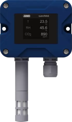 JUMO hydroTRANS S20 - 벽걸이형 버전(wall-mounted version) 의 CO2 모듈을 포함한 습도 및 온도 트랜스미터