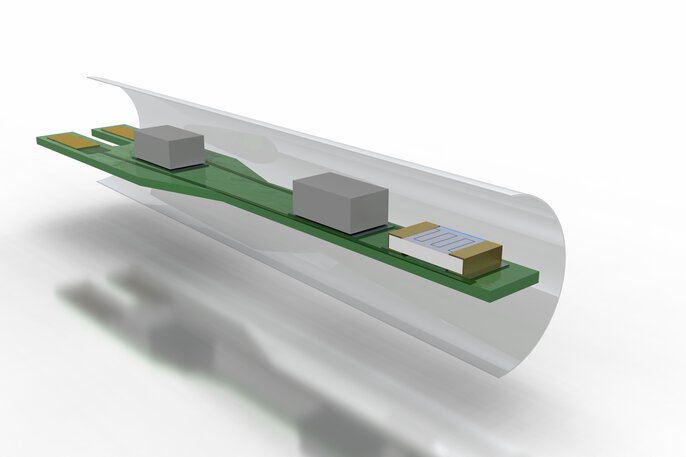 Un sensor de temperatura de chip de platino con diseño tipo SMD en una placa de circuito impreso