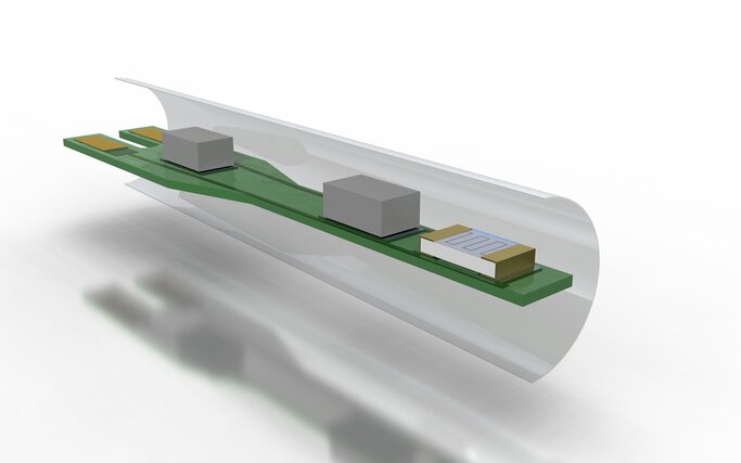 Een platina-chipsensor in SMD-uitvoering op een gedrukte schakeling 