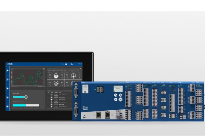JUMO variTRON 500 central processing unit with PLC functionality, input/output modules, and web panel (behind)