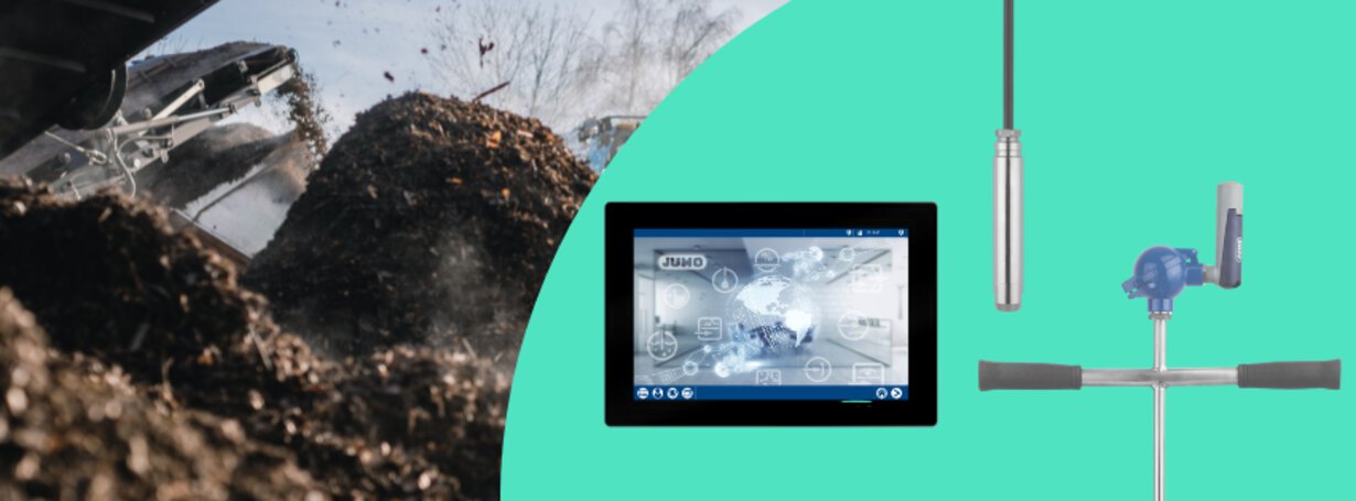 JUMO solution for composting plants: JUMO variTRON 500 Touch PLC (705004) JUMO Wtrans B temperature sensors (707060), MAERA S26 level sensors (402090) and smartWARE SCADA system (701820)