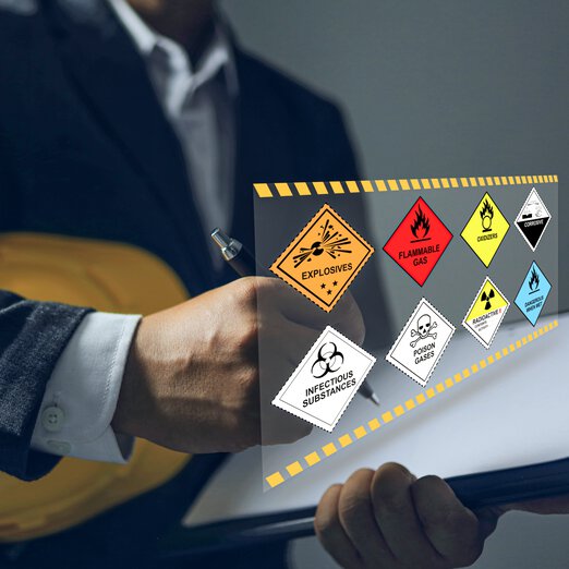 Man in a suit and helmet under his arm writes on a clipboard with warning symbols of hazardous substances as a graphical overlay