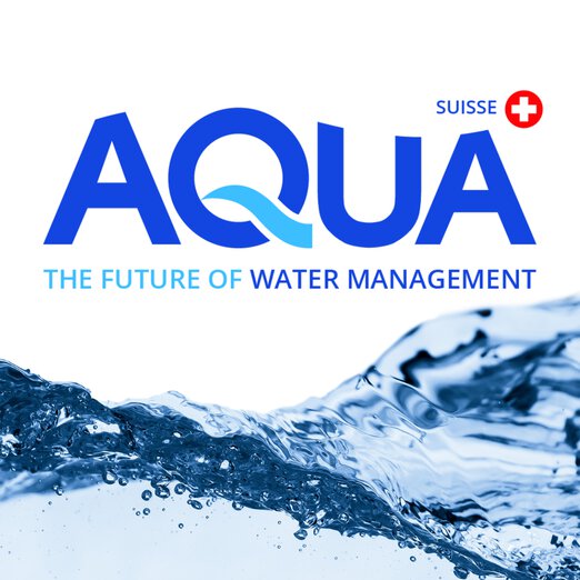 JUMO at AQUA Suisse with the slogan ‘The Future of Water Management’. In the background, splashing clear water is visible